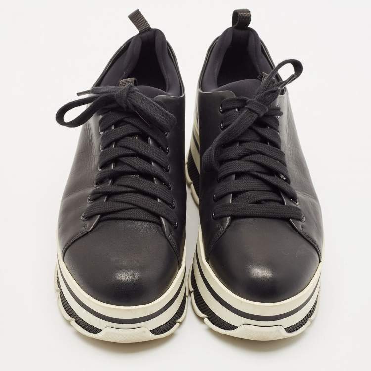 Pre Owned Prada Black Leather Platform Lace Up Sneakers Size 38