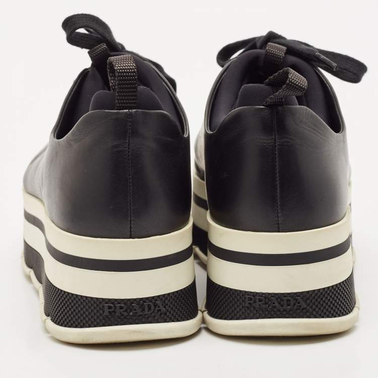 Pre Owned Prada Black Leather Platform Lace Up Sneakers Size 38