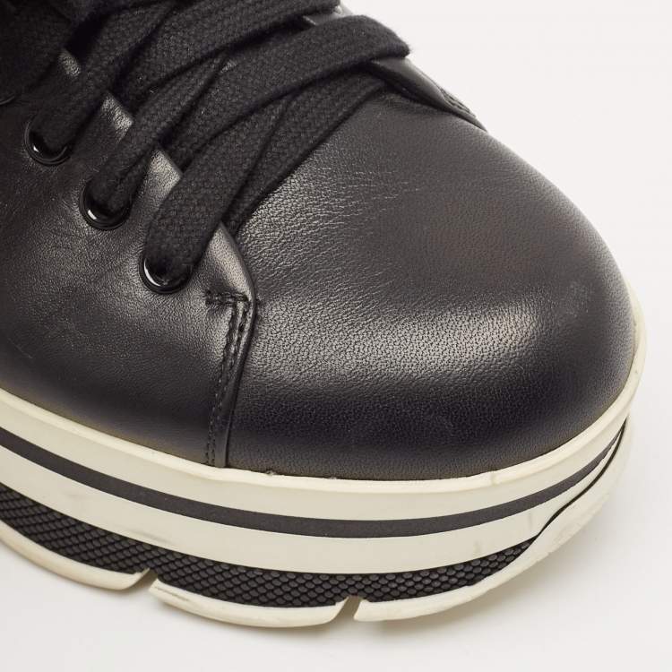 Pre Owned Prada Black Leather Platform Lace Up Sneakers Size 38