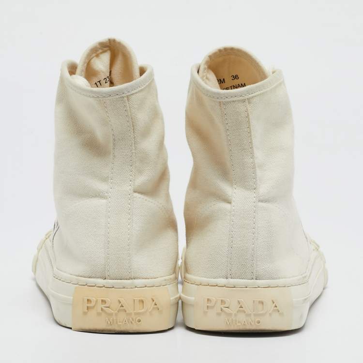 Pre Owned Prada Off White Canvas Gabardine High Top Sneakers Size 36