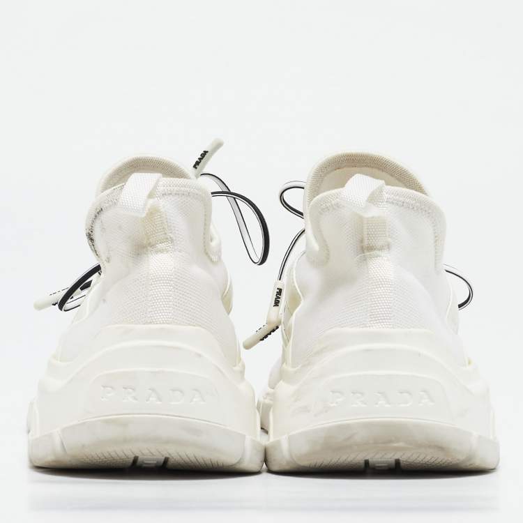 Pre Owned Prada White Knit Fabric Logo Low Top Sneakers Size 39