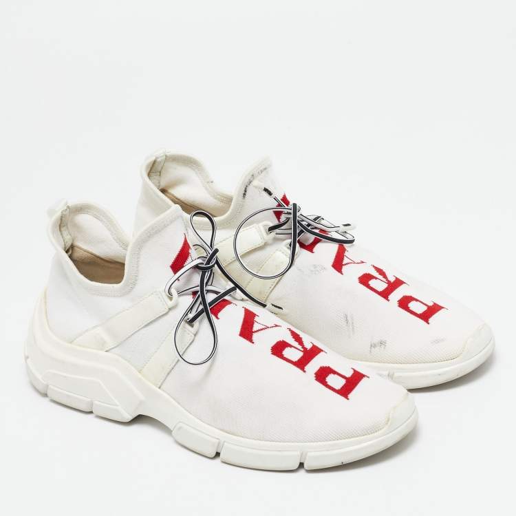 Pre Owned Prada White Knit Fabric Logo Low Top Sneakers Size 39