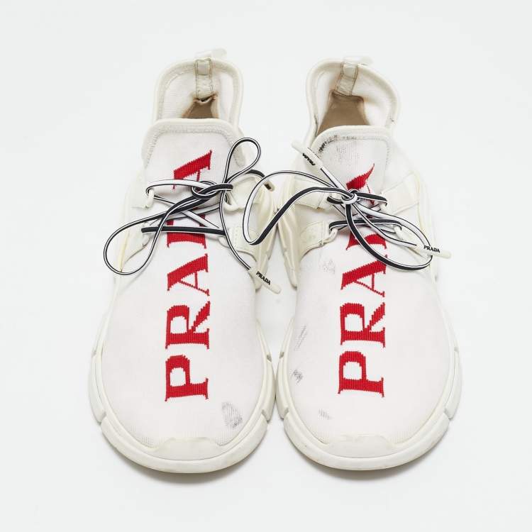 Pre Owned Prada White Knit Fabric Logo Low Top Sneakers Size 39