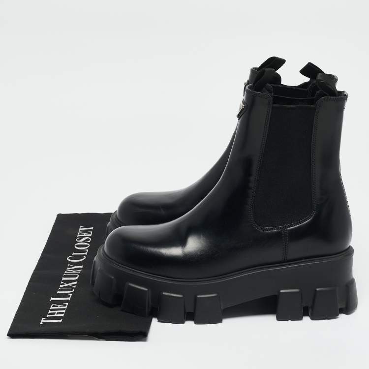 Pre Owned Prada Black Leather and Nylon Monolith Ankle Boots Size 38