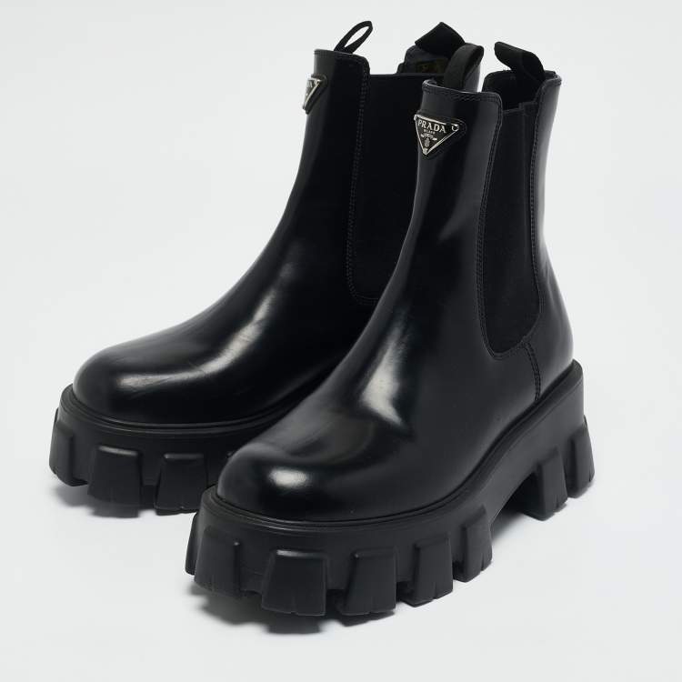 Pre Owned Prada Black Leather and Nylon Monolith Ankle Boots Size 38