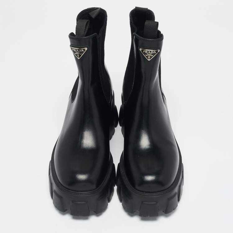 Pre Owned Prada Black Leather and Nylon Monolith Ankle Boots Size 38