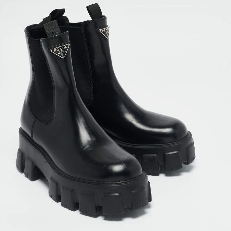 Pre Owned Prada Black Leather and Nylon Monolith Ankle Boots Size 38