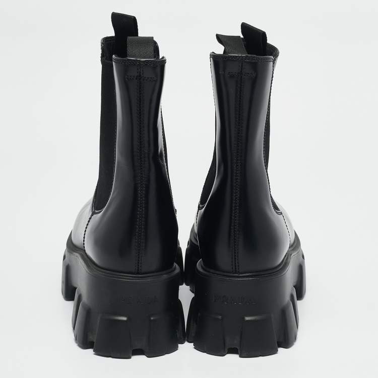 Pre Owned Prada Black Leather and Nylon Monolith Ankle Boots Size 38