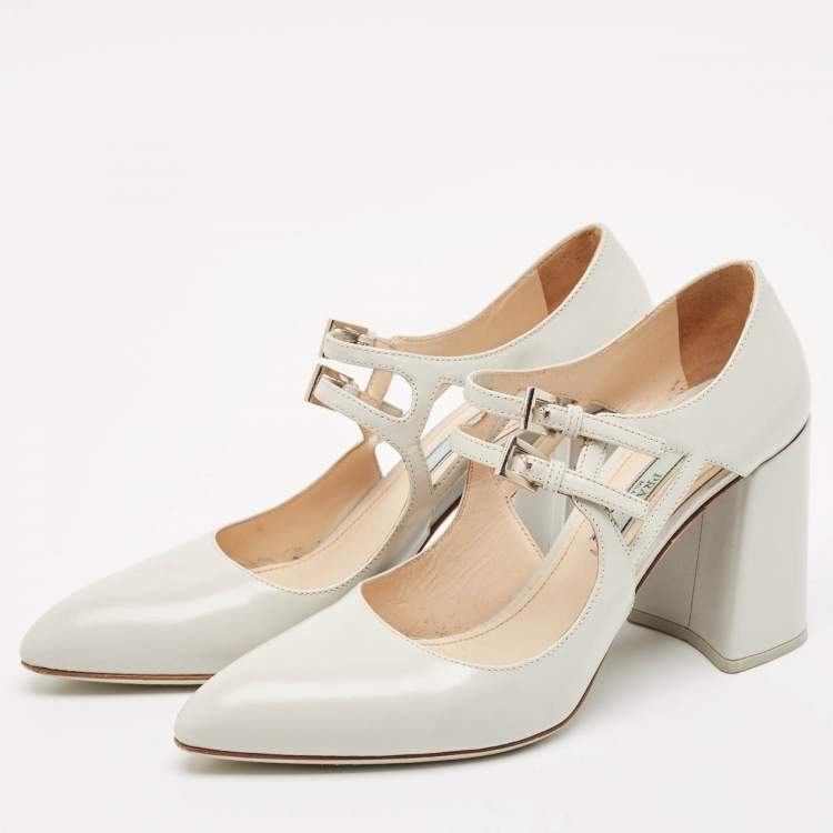 Pre Owned Prada Grey Leather Mary Jane Pumps Size 38.5