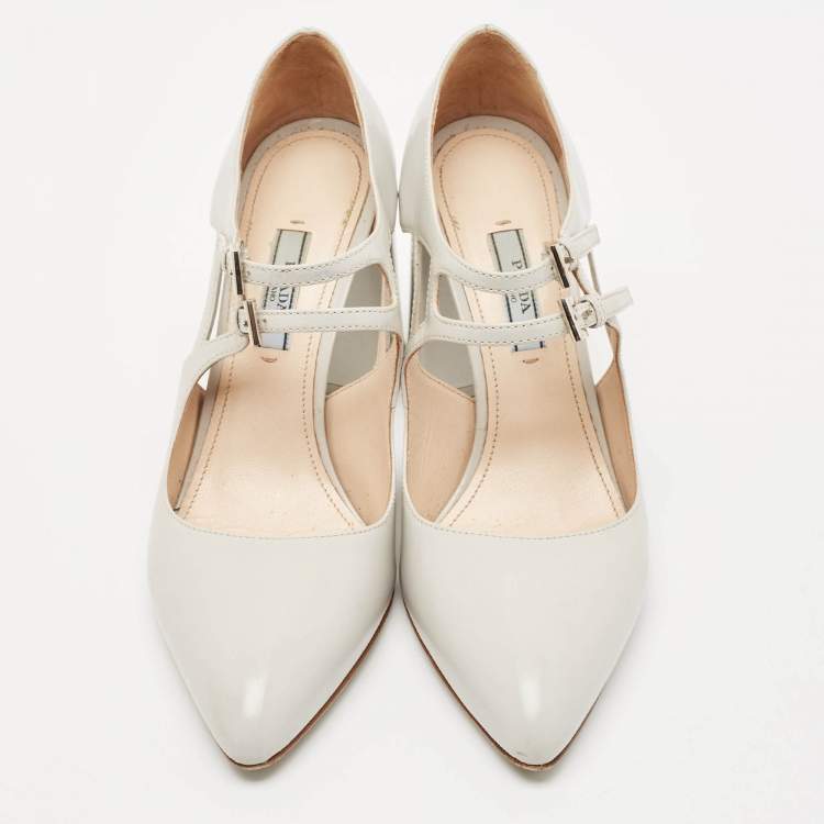 Pre Owned Prada Grey Leather Mary Jane Pumps Size 38.5