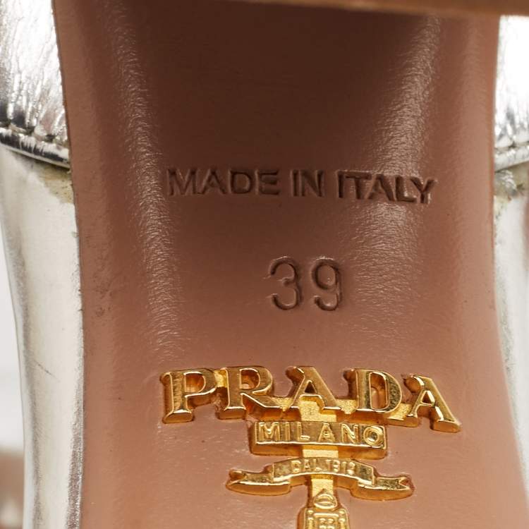 Pre Owned Prada Silver Leather Block Heel T-Strap Sandals Size 39