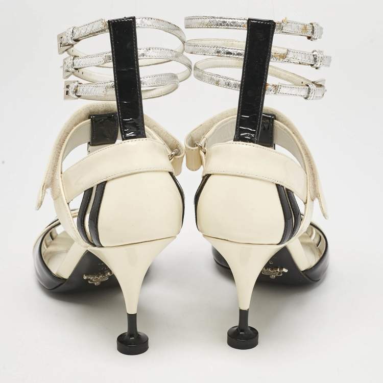 Pre Owned Prada Cream/Black Patent Leather Ankle Strap Sandals Size 38