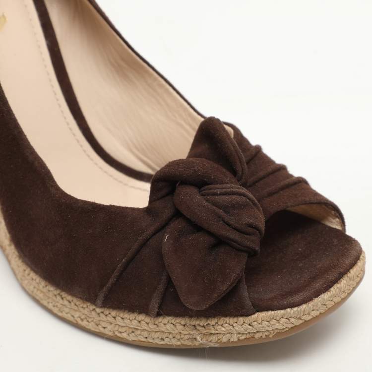 Pre Owned Prada Brown Suede Bow Wedge Espadrille Pumps Size 38
