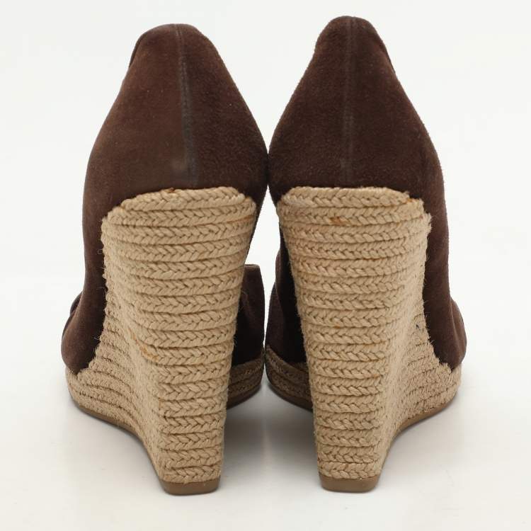 Pre Owned Prada Brown Suede Bow Wedge Espadrille Pumps Size 38