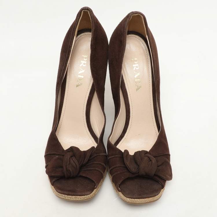 Pre Owned Prada Brown Suede Bow Wedge Espadrille Pumps Size 38