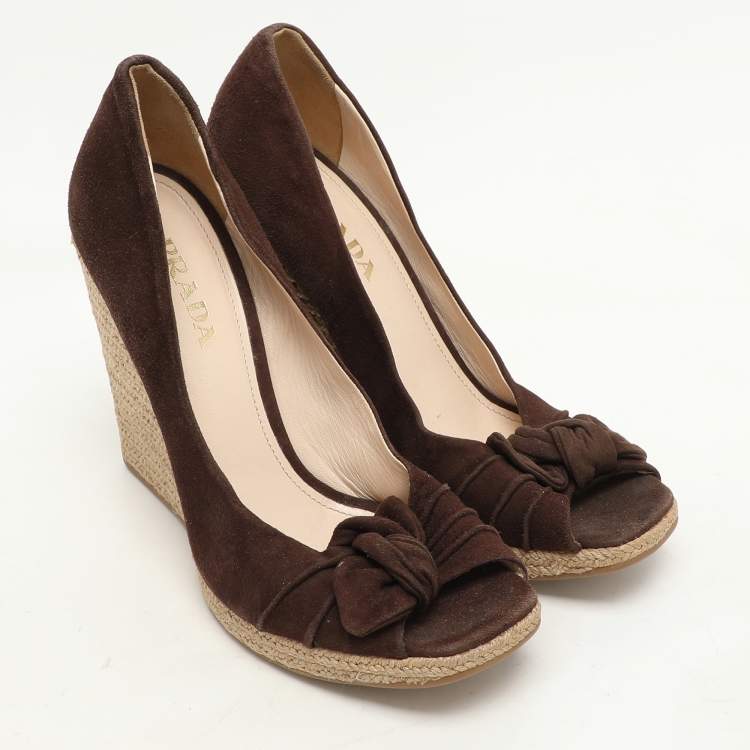 Pre Owned Prada Brown Suede Bow Wedge Espadrille Pumps Size 38