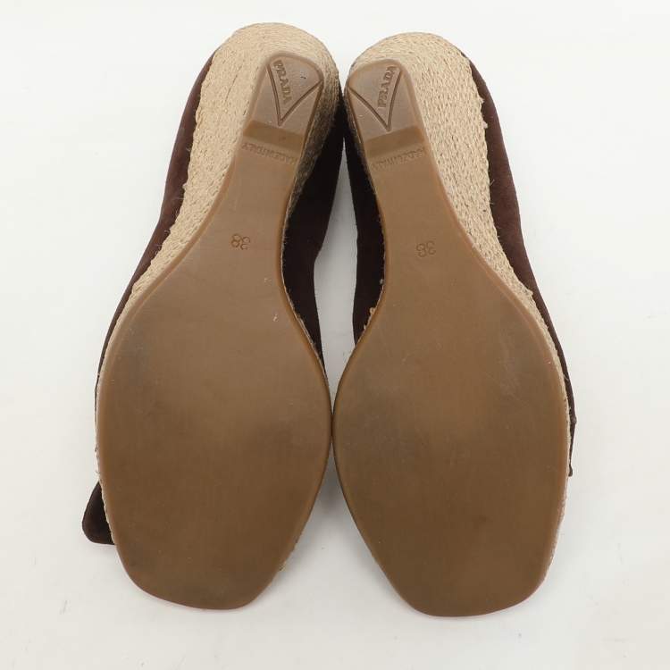 Pre Owned Prada Brown Suede Bow Wedge Espadrille Pumps Size 38