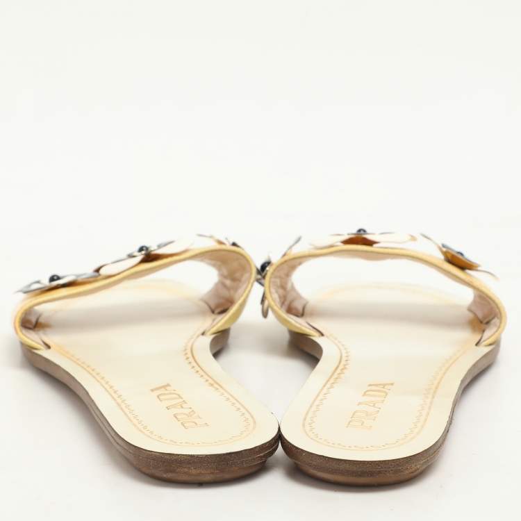 Pre Owned Prada Cream Patent Saffiano Leather Embellished Flats Size 36