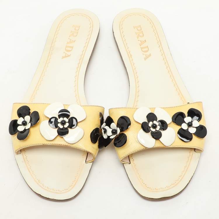Pre Owned Prada Cream Patent Saffiano Leather Embellished Flats Size 36