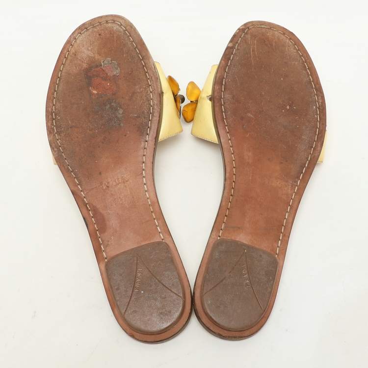 Pre Owned Prada Cream Patent Saffiano Leather Embellished Flats Size 36