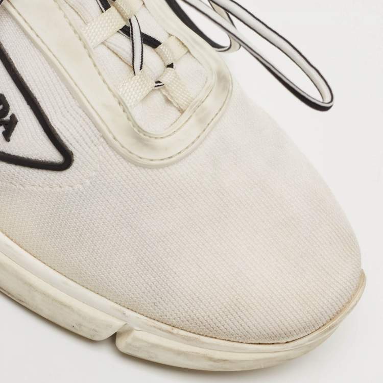Pre Owned Prada White Knit Fabric Logo Low Top Sneakers Size 36.5