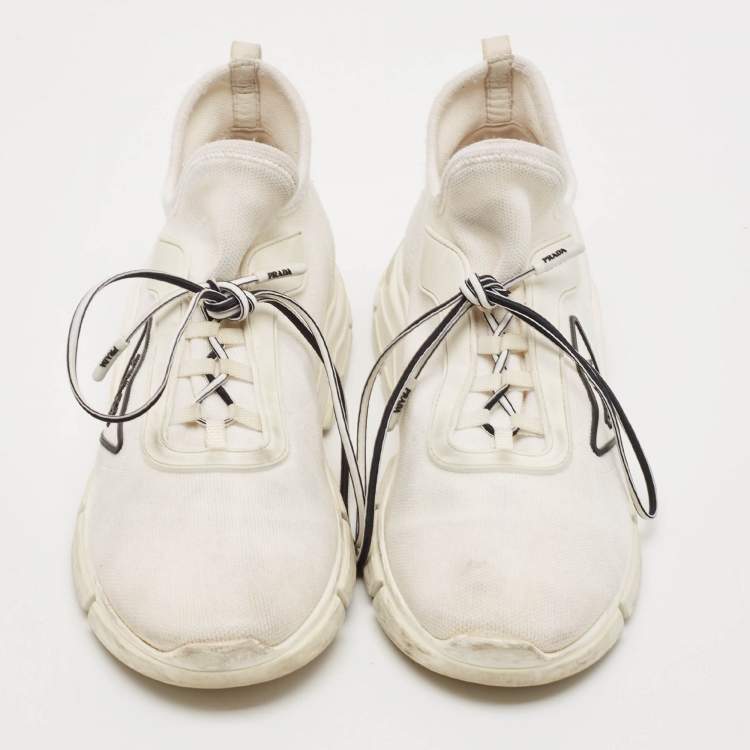 Pre Owned Prada White Knit Fabric Logo Low Top Sneakers Size 36.5