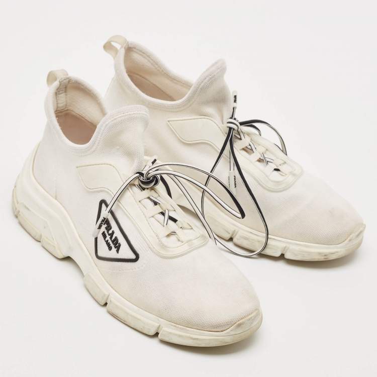 Pre Owned Prada White Knit Fabric Logo Low Top Sneakers Size 36.5