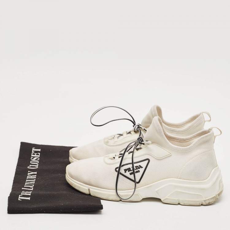 Pre Owned Prada White Knit Fabric Logo Low Top Sneakers Size 36.5