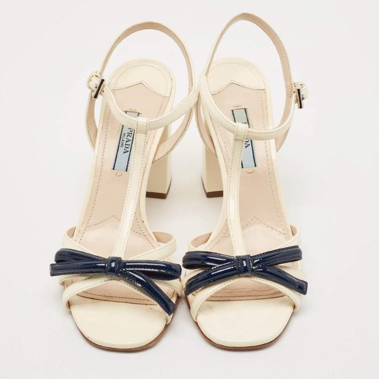 Pre Owned Prada White/Blue Patent Leather Bow T-strap Sandals Size 37