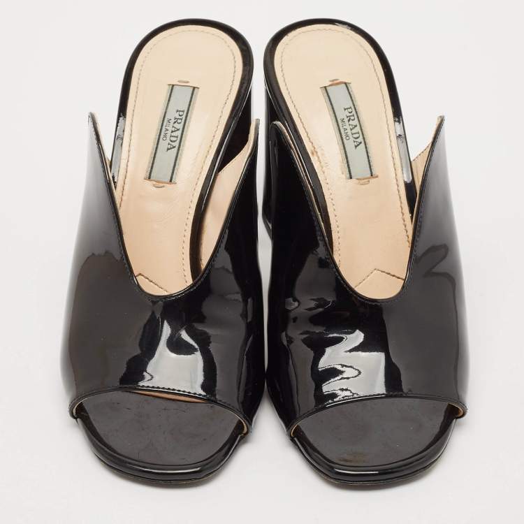 Pre Owned Prada Black Patent Leather Peep Toe Mules Size 36
