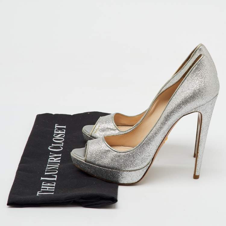 Pre Owned Prada Silver Glitter Fabric Peep Toe Platform Pumps Size 37.5