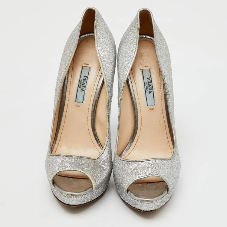 Pre Owned Prada Silver Glitter Fabric Peep Toe Platform Pumps Size 37.5