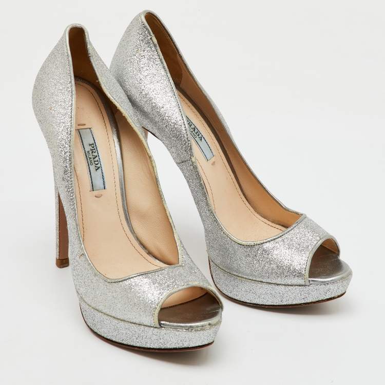 Pre Owned Prada Silver Glitter Fabric Peep Toe Platform Pumps Size 37.5