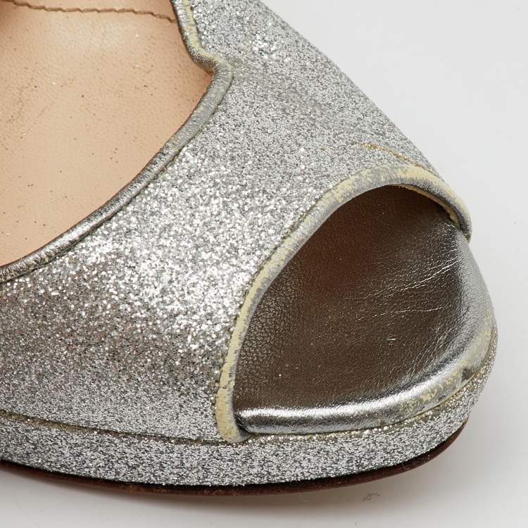 Pre Owned Prada Silver Glitter Fabric Peep Toe Platform Pumps Size 37.5