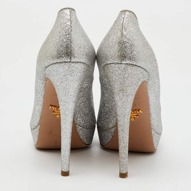 Pre Owned Prada Silver Glitter Fabric Peep Toe Platform Pumps Size 37.5
