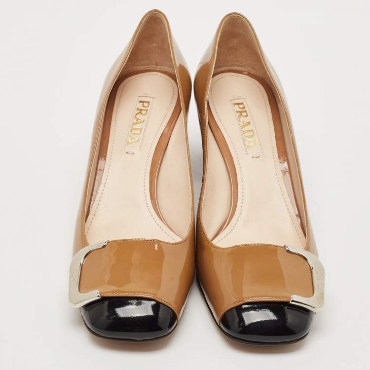 Pre Owned Prada Black/Beige Patent Leather Buckle Block Heel Pumps Size 38.5