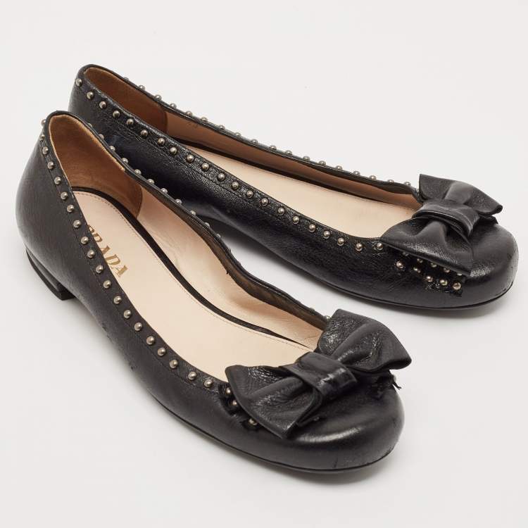 Pre Owned Prada Black Leather Logo Bow Ballet Flats Size 38