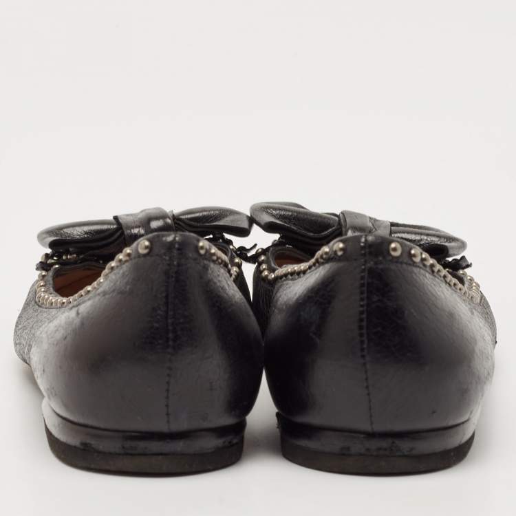 Pre Owned Prada Black Leather Logo Bow Ballet Flats Size 38