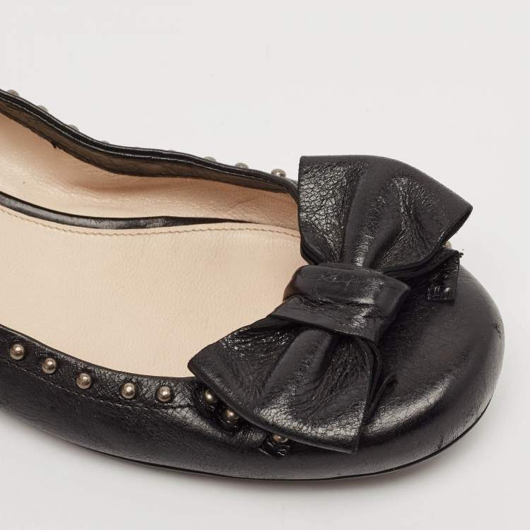 Pre Owned Prada Black Leather Logo Bow Ballet Flats Size 38