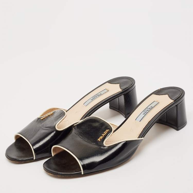 Pre Owned Prada Black Saffiano Leather Mules Size 37.5