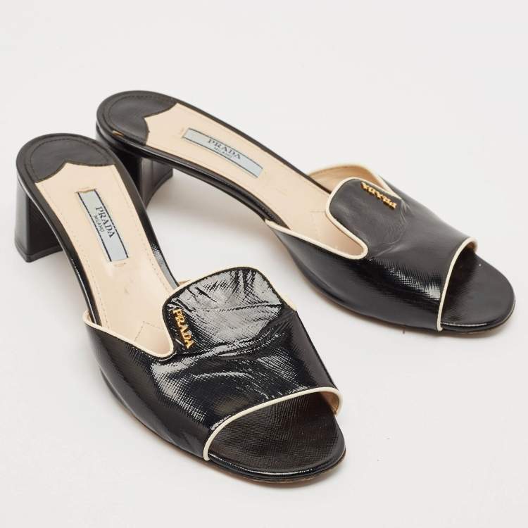 Pre Owned Prada Black Saffiano Leather Mules Size 37.5