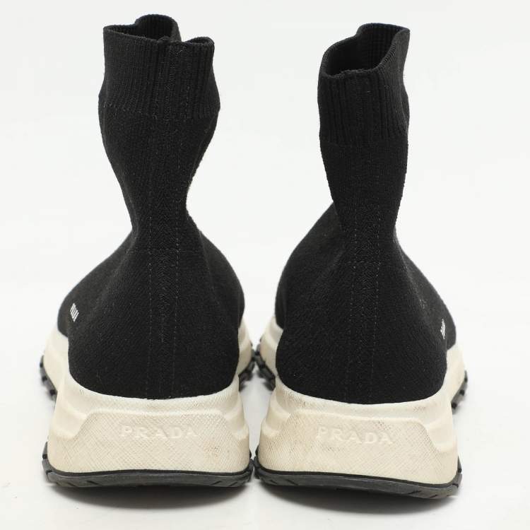 Pre Owned Prada Black Knit Fabric Logo Sock Runner High Top Sneakers Size 38