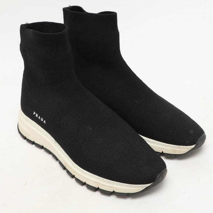 Pre Owned Prada Black Knit Fabric Logo Sock Runner High Top Sneakers Size 38
