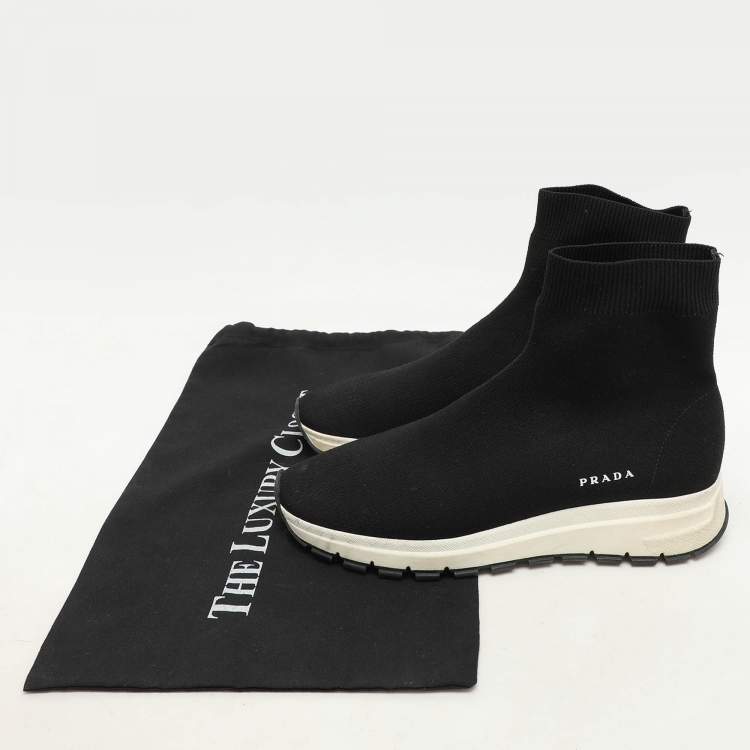 Pre Owned Prada Black Knit Fabric Logo Sock Runner High Top Sneakers Size 38