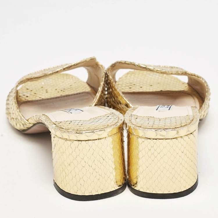 Pre Owned Prada Gold Python Embossed Leather Slide Sandals Size 37