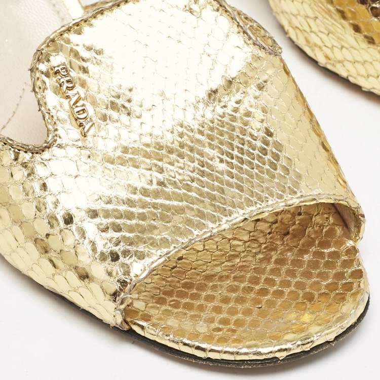 Pre Owned Prada Gold Python Embossed Leather Slide Sandals Size 37