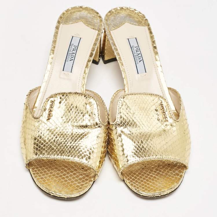 Pre Owned Prada Gold Python Embossed Leather Slide Sandals Size 37