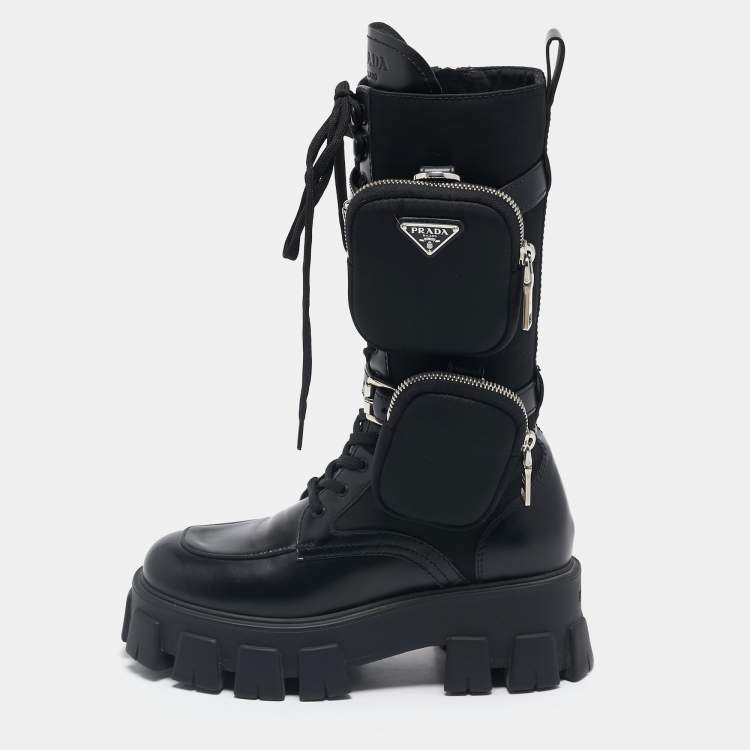 Pre Owned Prada Black Leather and Nylon Monolith Chunky Mid Calf Boots Size 37