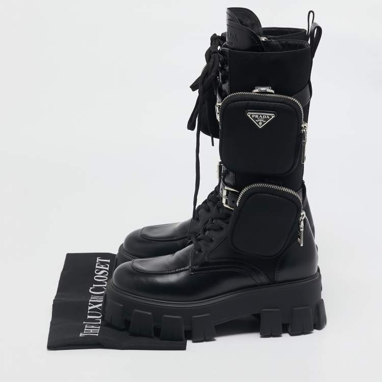 Pre Owned Prada Black Leather and Nylon Monolith Chunky Mid Calf Boots Size 37