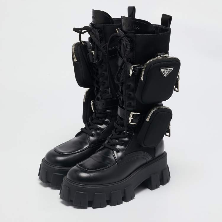 Pre Owned Prada Black Leather and Nylon Monolith Chunky Mid Calf Boots Size 37